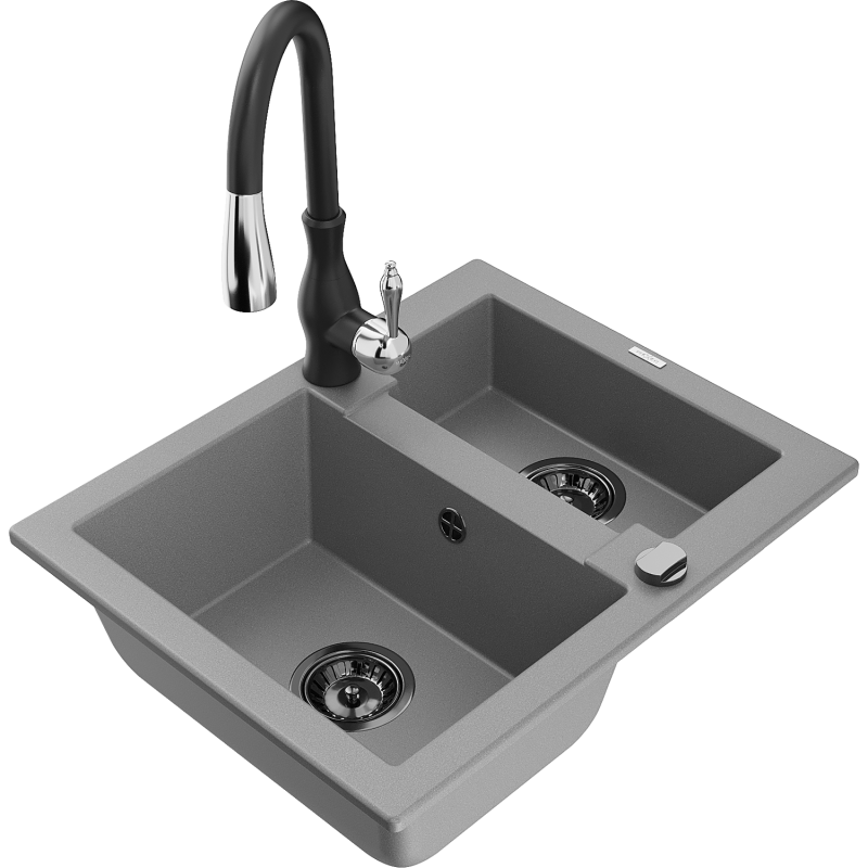 Mexen Carlos fregadero de granito de 1,5 senos con grifo de cocina Savita, gris - 6518-71-672601-70-B