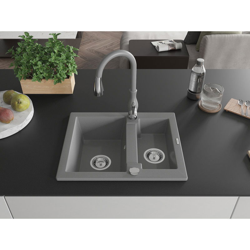 Mexen Carlos 1.5-bowl granite sink with Savita kitchen tap, grey - 6518-71-672601-71