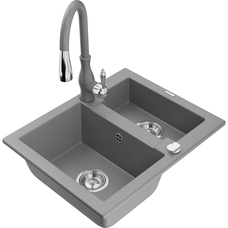 Mexen Carlos 1.5-bowl granite sink with Savita kitchen tap, grey - 6518-71-672601-71
