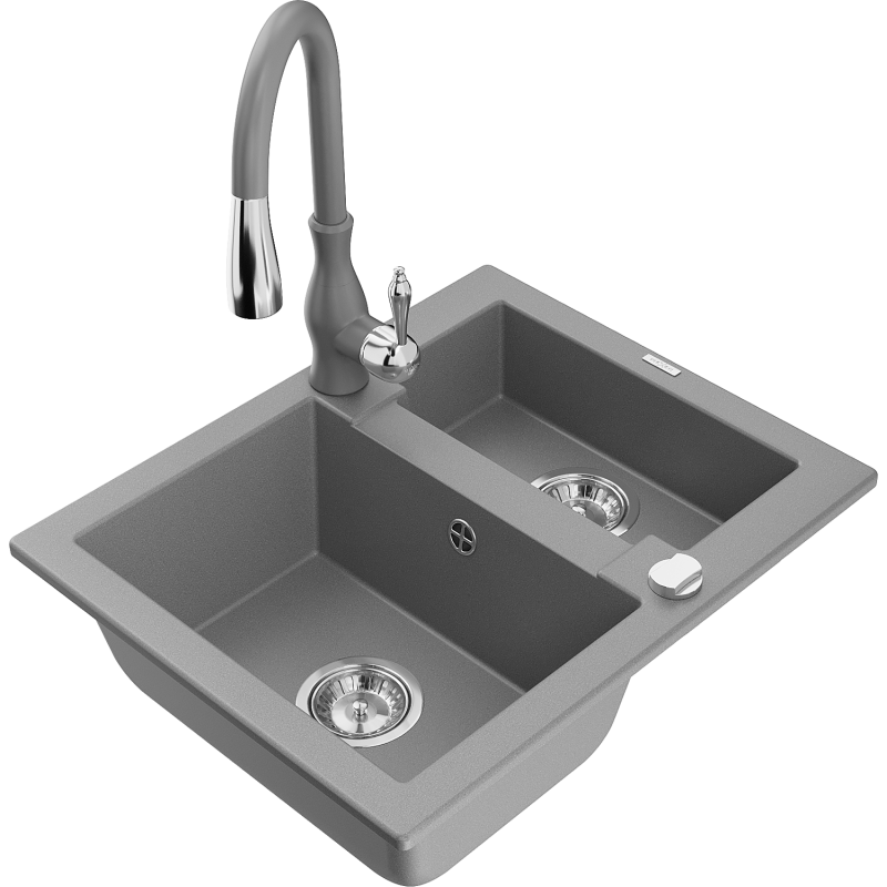 Mexen Carlos fregadero de granito de 1,5 cubetas con grifo de cocina Savita, gris - 6518-71-672601-71