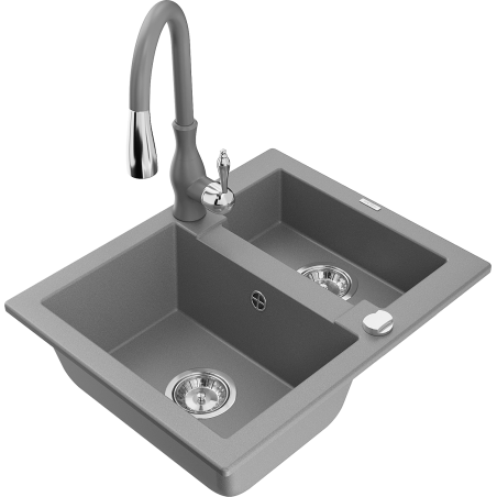Mexen Carlos 1.5-bowl granite sink with Savita kitchen tap, grey - 6518-71-672601-71