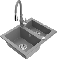 Mexen Carlos granite sink 1.5-bowl with Savita kitchen faucet, gray - 6518-71-672601-71