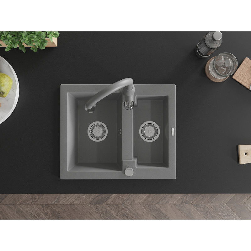 Mexen Carlos fregadero de granito de 1,5 cubetas con grifo de cocina Savita, gris - 6518-71-672601-71