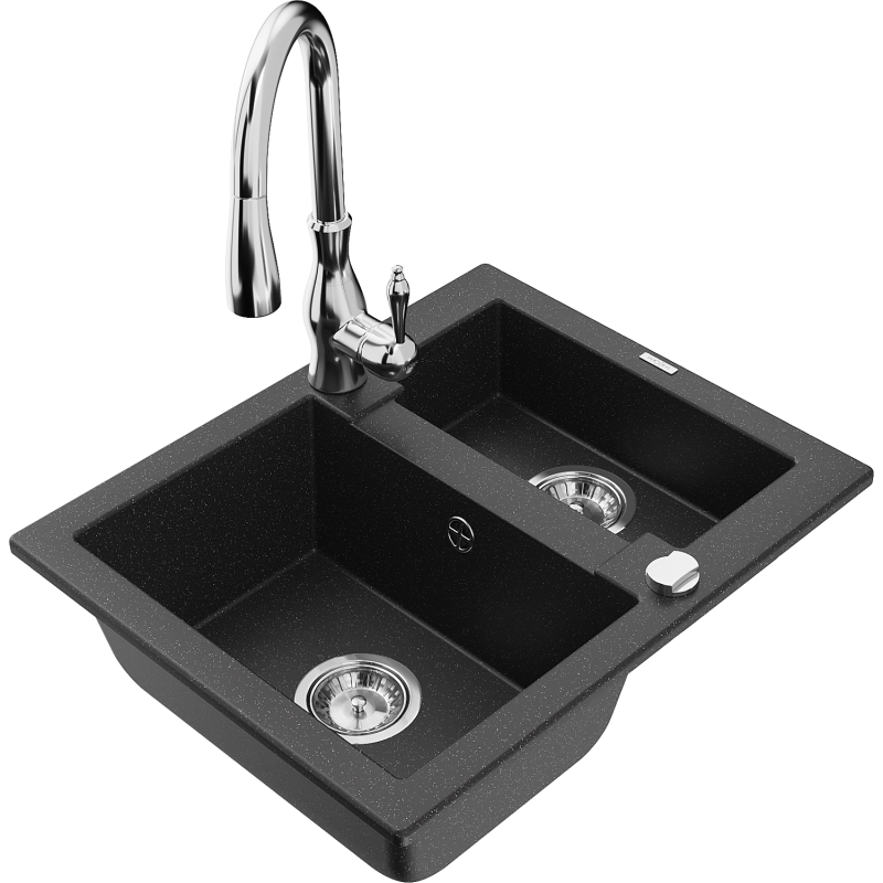 Mexen Carlos granite sink 1.5-bowl with Savita kitchen tap, black/silver metallic - 6518-73-672601-00