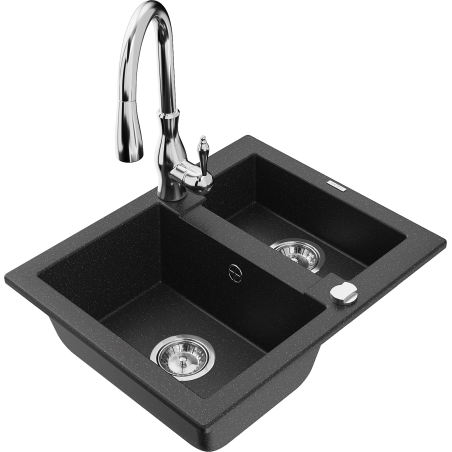 Mexen Carlos granite sink 1.5-bowl with Savita kitchen tap, black/silver metallic - 6518-73-672601-00