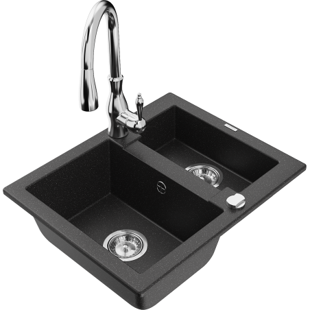 Mexen Carlos Granitspüle 1,5-Becken mit Küchenarmatur Savita, schwarz/silber metallic - 6518-73-672601-00