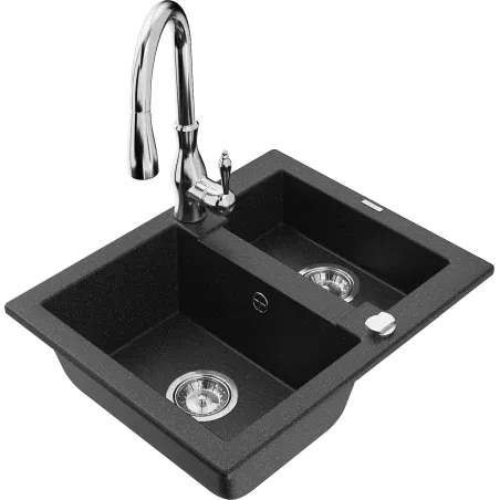 Mexen Carlos Granitspüle 1,5-Kammer mit Küchenarmatur Savita, Schwarz/Silber Metallic - 6518-73-672601-00