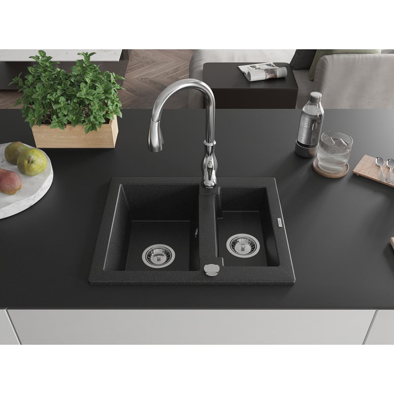 Mexen Carlos granite sink 1.5-bowl with Savita kitchen tap, black/silver metallic - 6518-73-672601-00