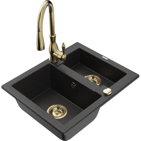 Mexen Carlos 1.5-Bowl Granite Sink with Savita Kitchen Faucet, Black/Silver Metallic - 6518-73-672601-50