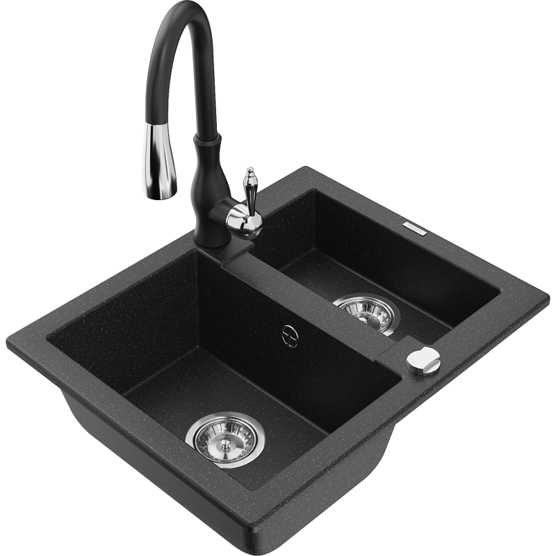 Mexen Carlos 1.5-bowl granite sink with Savita kitchen tap, black/silver metallic - 6518-73-672601-70