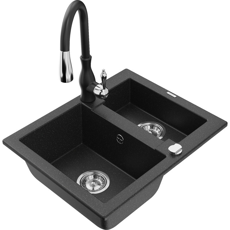Mexen Carlos fregadero de granito de 1,5 senos con grifo de cocina Savita, negro/metálico plateado - 6518-73-672601-70