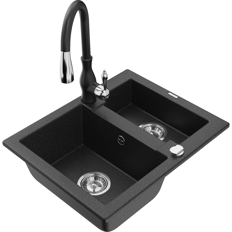Mexen Carlos lava-loiça de granito 1,5-cuba com misturadora de cozinha Savita, preto/prateado metálico - 6518-73-672601-70