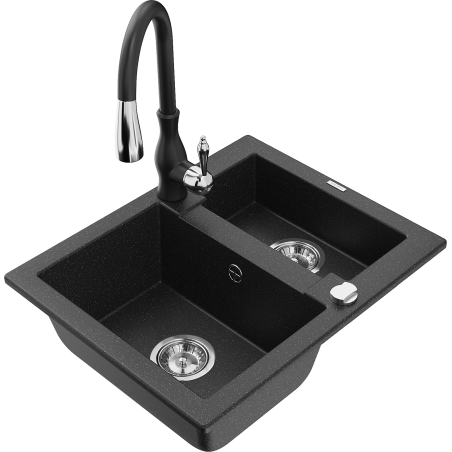 Mexen Carlos Granitspüle 1,5-fach mit Küchenarmatur Savita, Schwarz/Silber Metallic - 6518-73-672601-70
