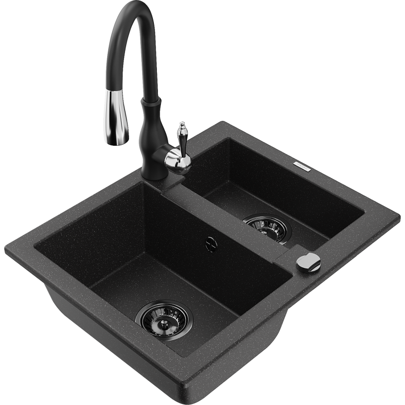 Mexen Carlos fregadero de granito de 1,5 senos con grifo de cocina Savita, negro/metálico plateado - 6518-73-672601-70-B