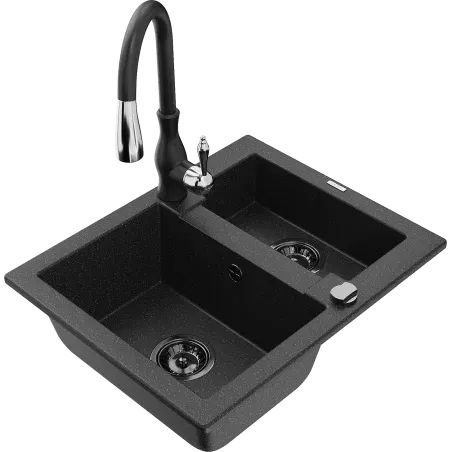Mexen Carlos Granitspüle 1,5-beckig mit Küchenarmatur Savita, schwarz/silber metallic - 6518-73-672601-70-B