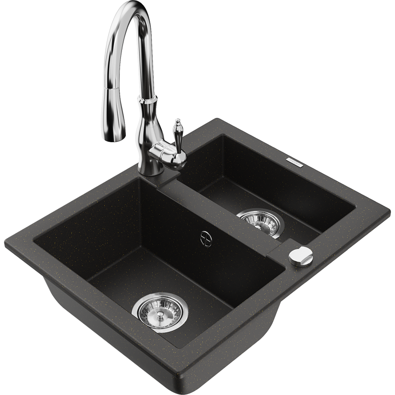 Mexen Carlos 1.5-bowl granite sink with Savita kitchen tap, black/gold metallic - 6518-75-672601-00