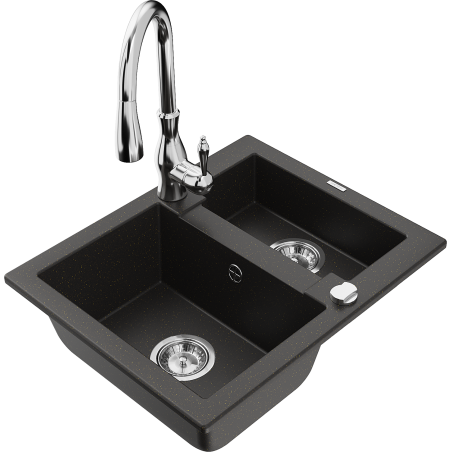 Mexen Carlos 1.5-bowl granite sink with Savita kitchen tap, black/gold metallic - 6518-75-672601-00