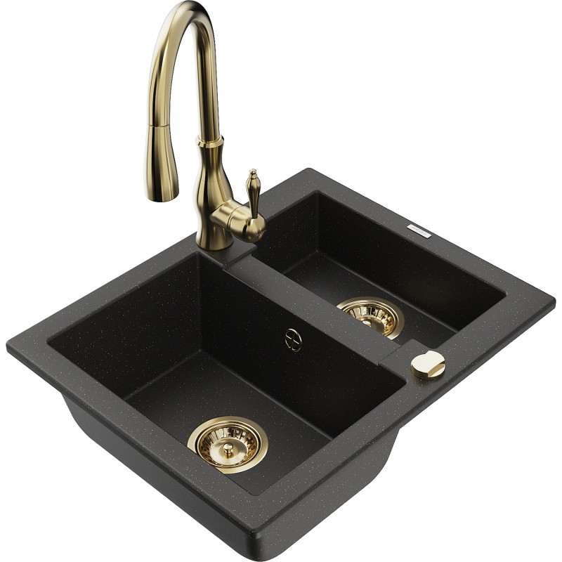 Mexen Carlos lavello in granito da cucina da 1,5 vasche con miscelatore Savita, nero/oro metallizzato - 6518-75-672601-50