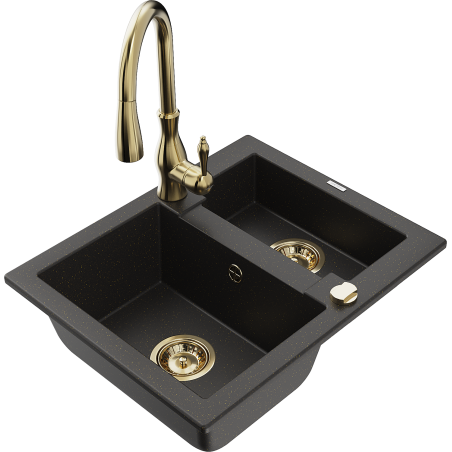 Mexen Carlos granite sink 1.5-bowl with Savita kitchen faucet, black/golden metallic - 6518-75-672601-50