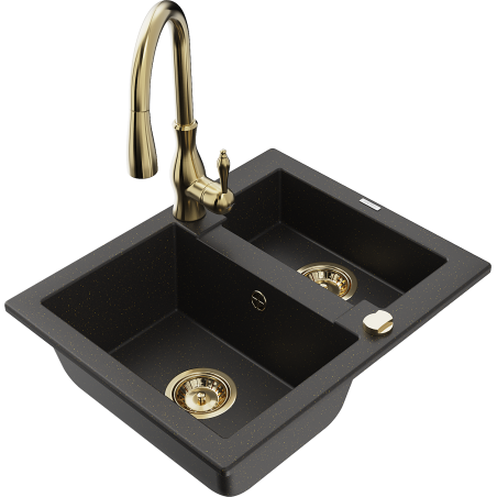 Mexen Carlos granitische spoelbak 1,5-komerig met keukenmengkraan Savita, zwart/goud metallic - 6518-75-672601-50