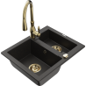 Mexen Carlos granite sink 1.5-bowl with Savita kitchen faucet, black/golden metallic - 6518-75-672601-50