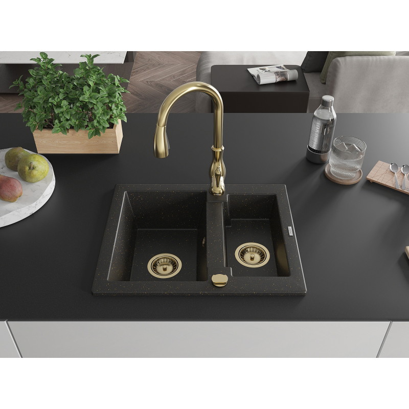Mexen Carlos Granitspüle 1,5-Kammern mit Küchenarmatur Savita, schwarz/goldener Metallic - 6518-75-672601-50