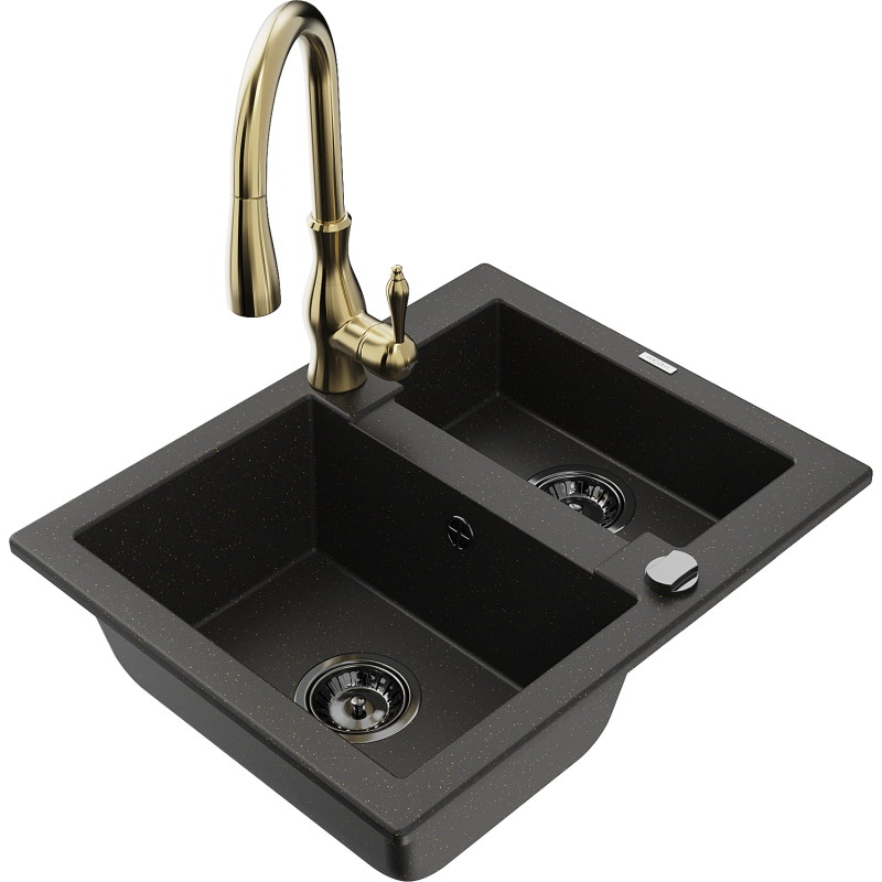 Mexen Carlos 1,5-kamer granieten gootsteen met keukenmengkraan Savita, zwart/goud metallic - 6518-75-672601-50-B