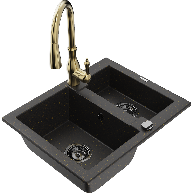 Mexen Carlos Granitspüle 1,5-Becken mit Küchenarmatur Savita, schwarz/gold metallic - 6518-75-672601-50-B