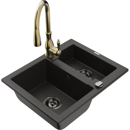 Mexen Carlos Granitspüle 1,5-Becken mit Küchenarmatur Savita, schwarz/gold metallic - 6518-75-672601-50-B