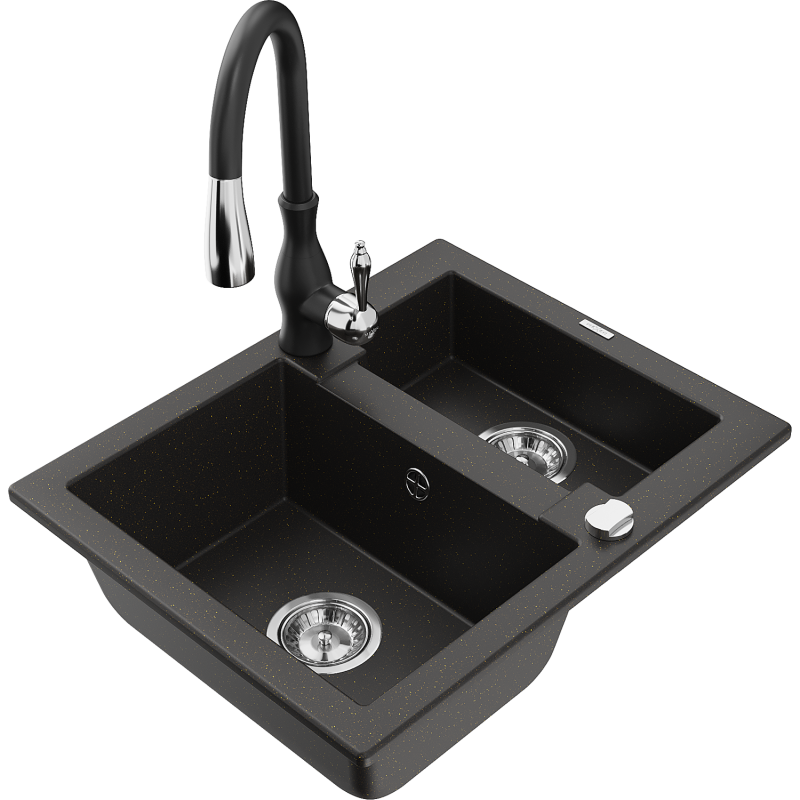 Mexen Carlos 1.5-bowl granite sink with Savita kitchen tap, black/golden metallic - 6518-75-672601-70
