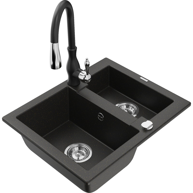 Mexen Carlos fregadero de granito de 1,5 cubetas con grifo de cocina Savita, negro/dorado metálico - 6518-75-672601-70