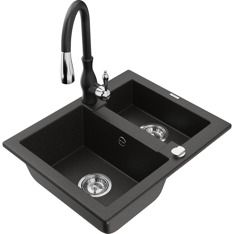 Mexen Carlos lavello in granito da 1,5 vasche con rubinetto da cucina Savita, nero/oro metallizzato - 6518-75-672601-70