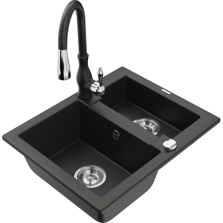 Mexen Carlos granieten spoelbak 1,5-komor met keukenmengkraan Savita, zwart/goud metallic - 6518-75-672601-70