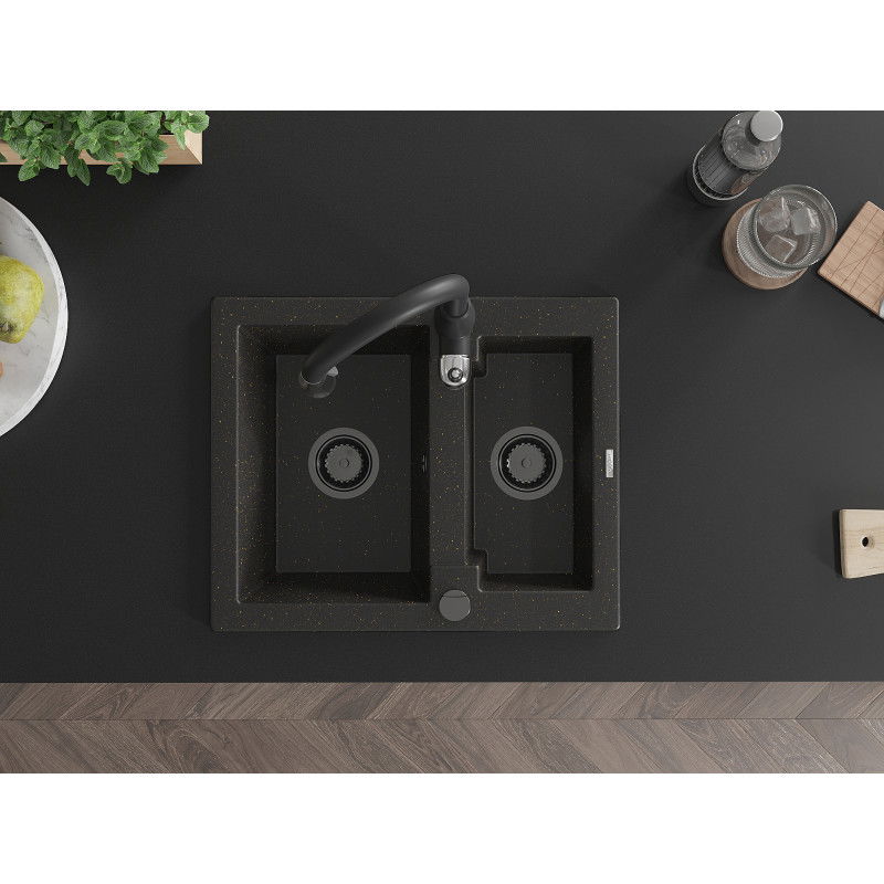 Mexen Carlos granite kitchen sink 1.5-bowl with Savita kitchen tap, black/gold metallic - 6518-75-672601-70-B