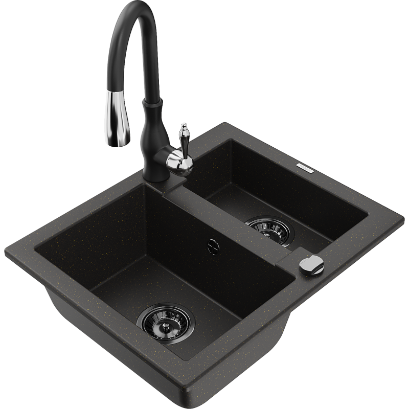 Mexen Carlos fregadero de granito de 1,5 senos con grifo de cocina Savita, negro/oro metálico - 6518-75-672601-70-B