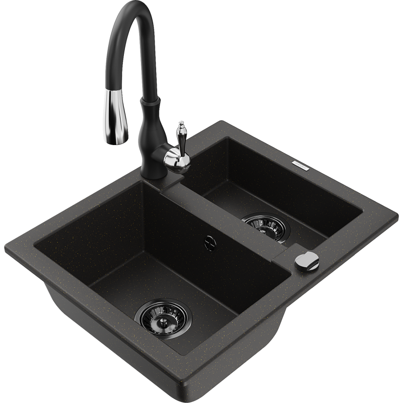 Mexen Carlos granite kitchen sink 1.5-bowl with Savita kitchen tap, black/gold metallic - 6518-75-672601-70-B