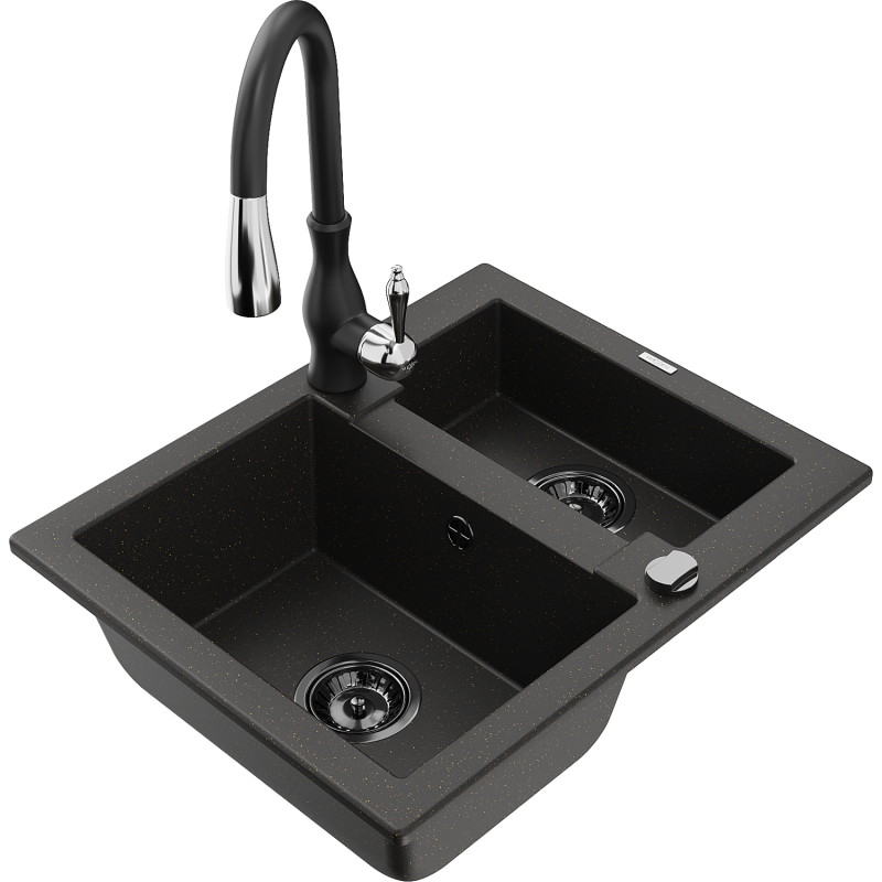 Mexen Carlos Granitspüle 1,5-Becken mit Küchenarmatur Savita, schwarz/gold metallic - 6518-75-672601-70-B