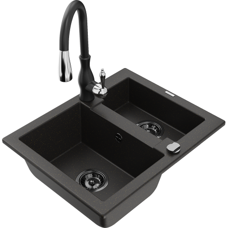 Mexen Carlos granit gootsteen 1,5-komoren met keukenkraan Savita, zwart/goud metallic - 6518-75-672601-70-B