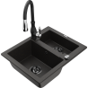 Mexen Carlos granite kitchen sink 1.5-bowl with Savita kitchen tap, black/gold metallic - 6518-75-672601-70-B