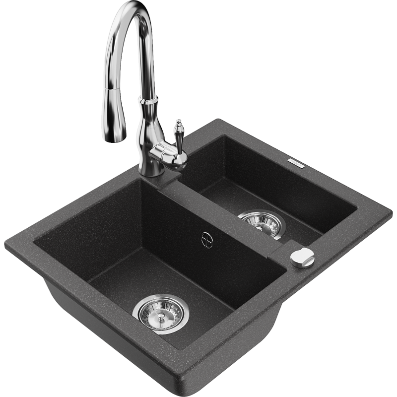 Mexen Carlos 1.5-bowl granite sink with Savita kitchen tap, speckled black - 6518-76-672601-00