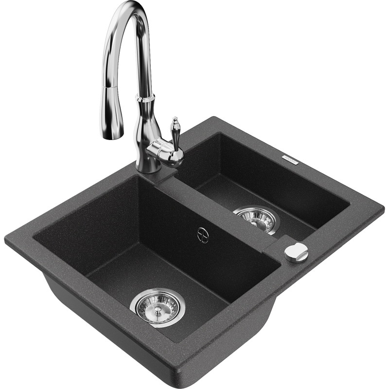 Mexen Carlos fregadero de granito de 1,5 tazones con grifo de cocina Savita, negro moteado - 6518-76-672601-00
