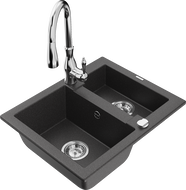 Mexen Carlos granite sink 1.5-bowl with Savita kitchen faucet, speckled black - 6518-76-672601-00