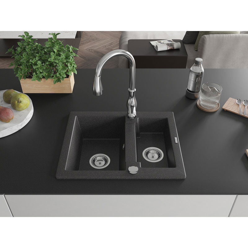 Mexen Carlos 1.5-bowl granite sink with Savita kitchen tap, speckled black - 6518-76-672601-00