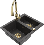 Mexen Carlos granite sink 1.5-bowl with Savita kitchen faucet, black speckled - 6518-76-672601-50