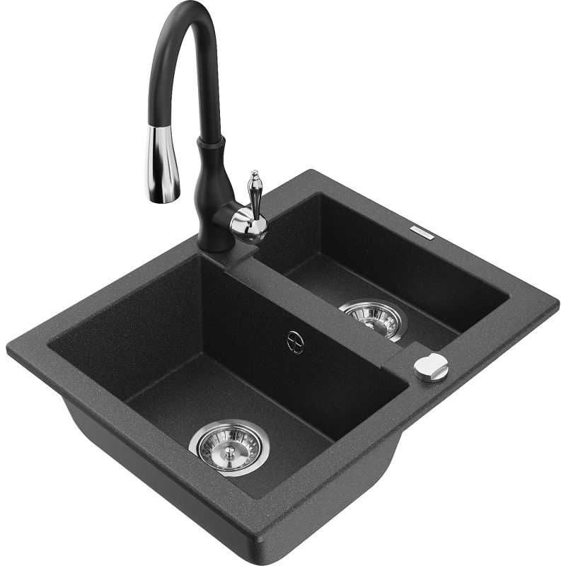 Mexen Carlos fregadero de cocina de granito de 1,5 senos con grifo de cocina Savita, negro moteado - 6518-76-672601-70