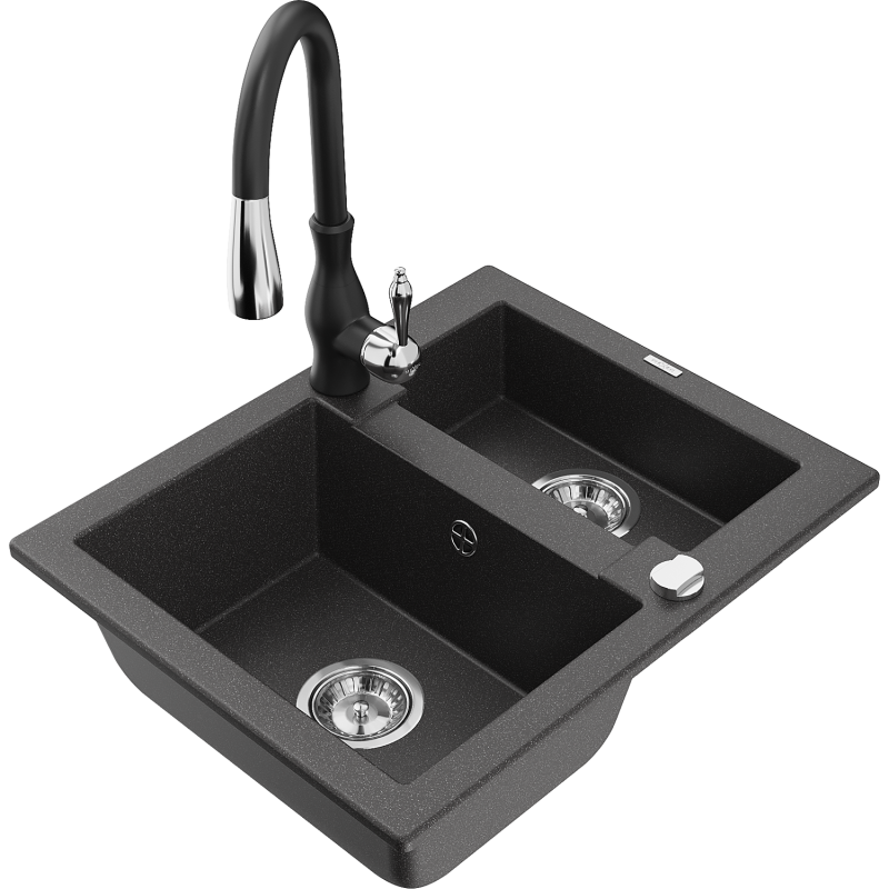 Mexen Carlos granite sink 1.5-bowl with Savita kitchen tap, black speckled - 6518-76-672601-70