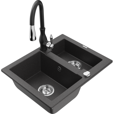 Mexen Carlos Granit-Spüle 1,5-Becken mit Küchenarmatur Savita, schwarz gesprenkelt - 6518-76-672601-70