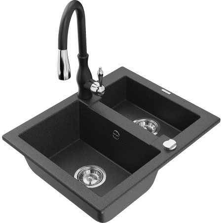 Mexen Carlos granite sink 1.5-bowl with Savita kitchen tap, black speckled - 6518-76-672601-70