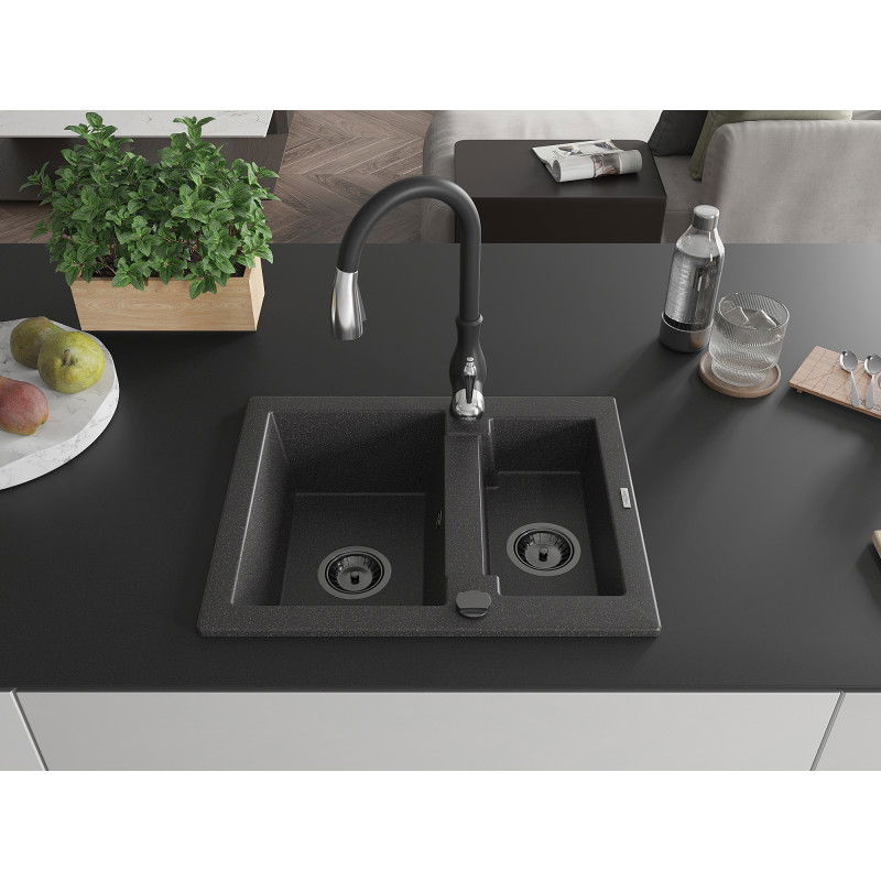 Mexen Carlos granite sink 1.5-bowl with Savita kitchen tap, black speckled - 6518-76-672601-70-B