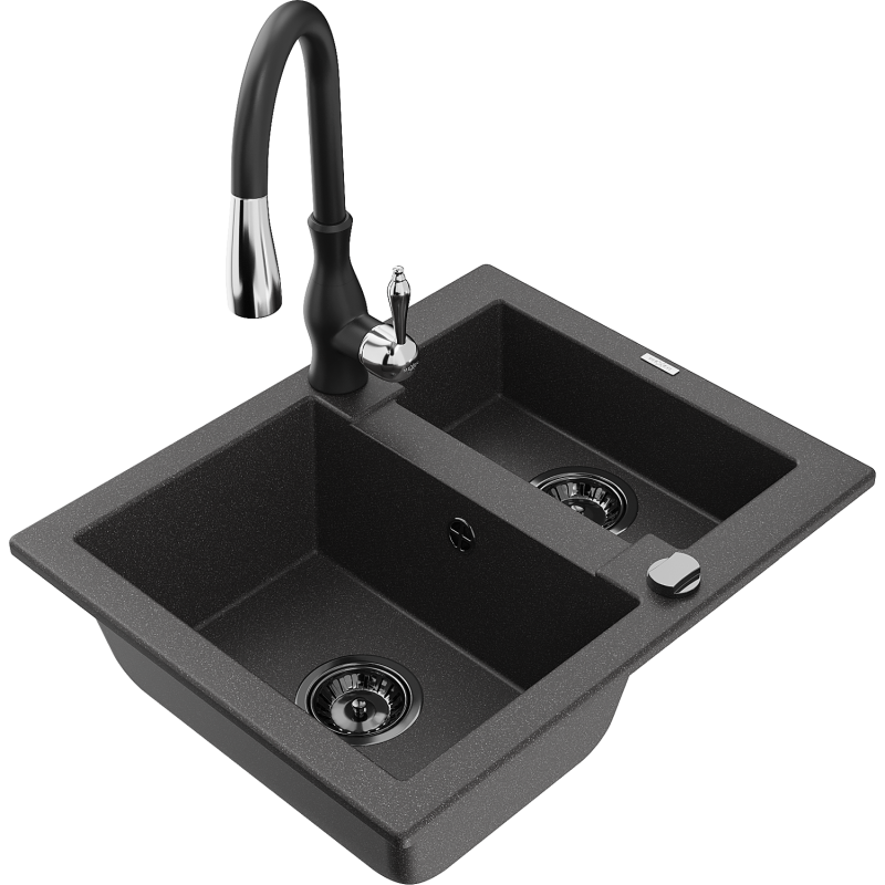 Mexen Carlos granite sink 1.5-bowl with Savita kitchen tap, black speckled - 6518-76-672601-70-B